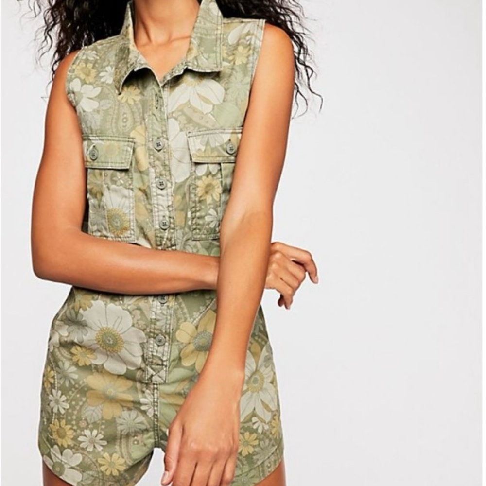 Spell Green Floral Sleeveless Button Romper